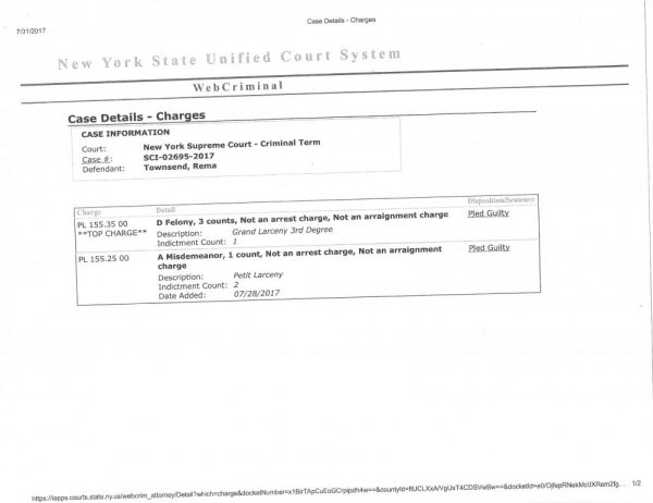 Stealing, Lying, Cheating on Seniors? No Problem, Says RIOC Board NYS Supreme Court - Criminal Division records showing Rema Townsend's guilty plea to three Class D Felonies and one Misdemeanor.